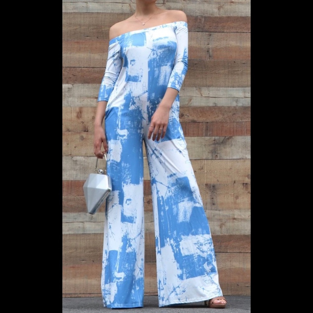 New Sky Blue Off the Shoulder Jumpsuit